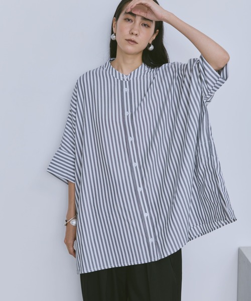 S54:新品❣️ レース入りストライプ トップス ブルー系 フリーサイズ Libra Cue ブラウス シャツ バンドカラーストライプブラウス