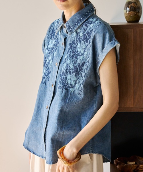 Libra Cue ブラウス シャツ デニム刺繍ブラウス レディース