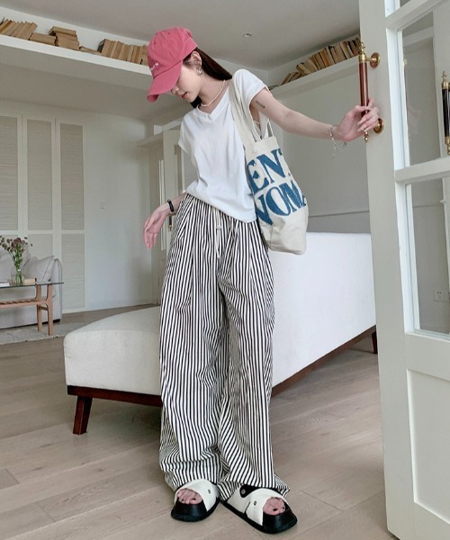 パンツ ストライプ柄タックワイドイージーパンツ レディース