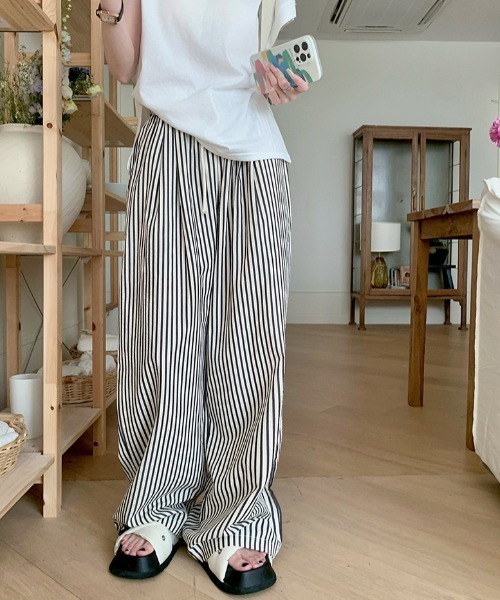 パンツ ストライプ柄タックワイドイージーパンツ レディース