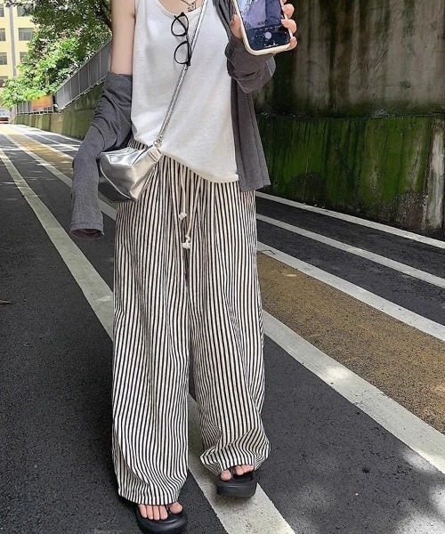パンツ ストライプ柄タックワイドイージーパンツ レディース