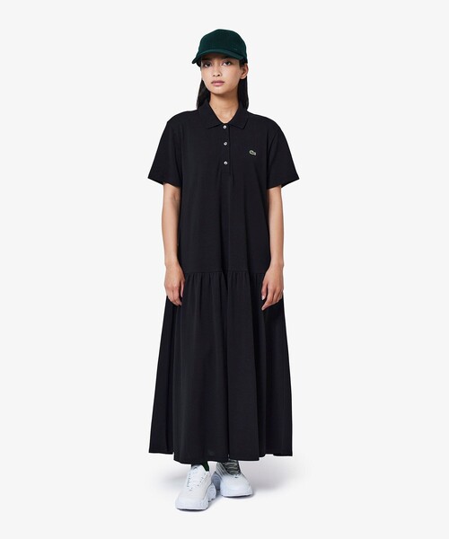 【美品】ラコステ グリーン ポロシャツワンピース ロング丈 半袖 Lサイズ LACOSTE（ラコステ）の「ローウエストポロドレス マキシ丈