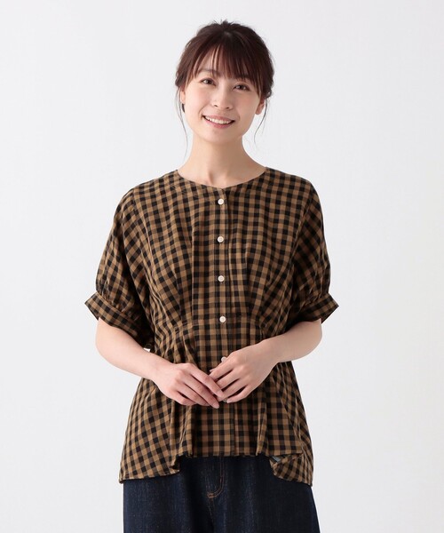 ブラウス シャツ ギンガムチェックコットンガーゼウエストタックブラウス レディース
