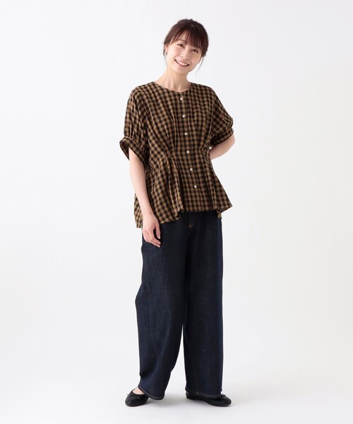ブラウス シャツ チェックコットンガーゼウエストタックブラウス レディース Afternoon Tea ブラウス シャツ ギンガムチェックコットンガーゼ