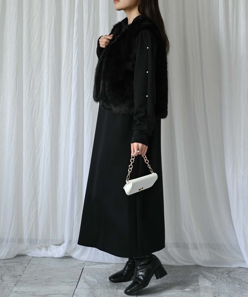 ＆HALF ワンピース ファーベスト×袖パールワンピース（2点セット