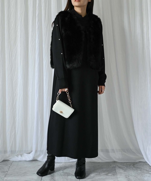 ＆HALF ワンピース ファーベスト×袖パールワンピース（2点セット