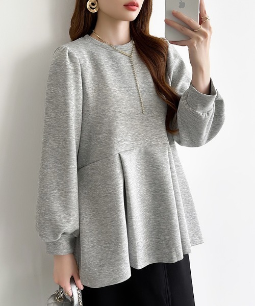 OHGA グレー 長袖 ぺプラムトップス OHGA グレー 長袖 ぺプラムトップス