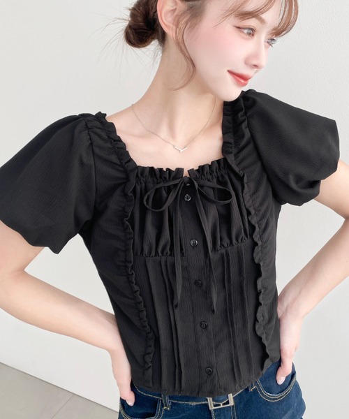 BABY お花ボタン半袖ブラウス　黒 BABY お花ボタン半袖ブラウス 黒 tops1997-1_1.jpg