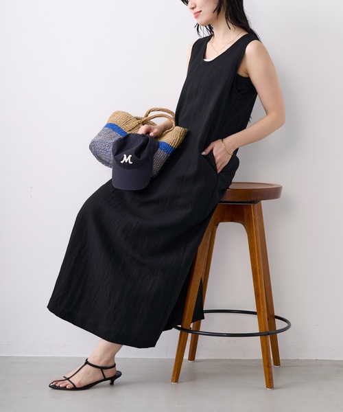 インポートAラインマヨルカ柄ノースリーブひざ丈ワンピース新品 MICA&DEAL（マイカアンドディール） ワンピース Iラインノースリーブ