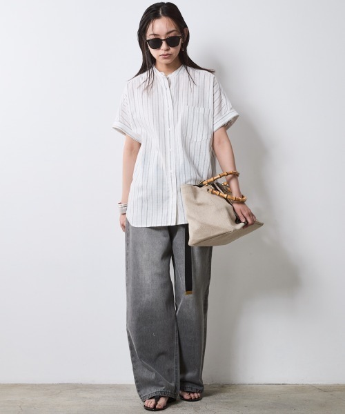 「CHIC STYLE」 半袖ブラウス L ネイビー レディース_画像2