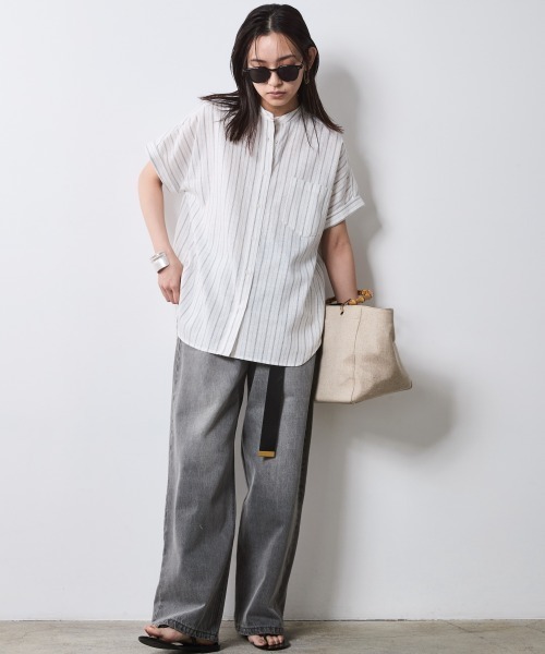 「CHIC STYLE」 半袖ブラウス L ネイビー レディース_画像3