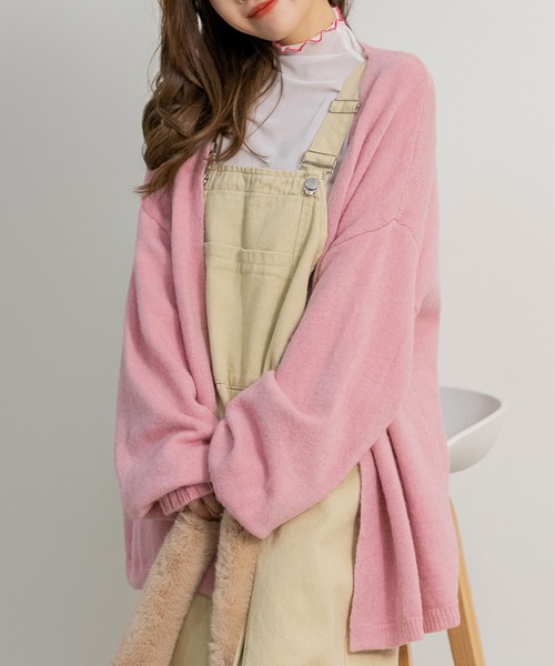 7-Idconcept. - ウール ふんわり ロング ニットカーディガン ピンク ショールカラー 可愛い 毛 DAY CLOSET カーディガン レディース ボタンレスふんわりモヘア風