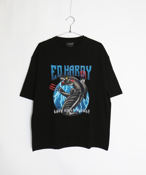 Ed Hardy ブラック 半袖Tシャツ XS Ed Hardy tシャツ ルーズサイズ プリント半袖Tシャツ メンズ