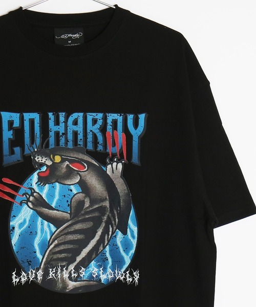 Ed Hardy ブラック 半袖Tシャツ XS Ed Hardy tシャツ ルーズサイズ プリント半袖Tシャツ メンズ