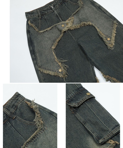 mushwear ジーンズ スターカット ダメージワイドデニムパンツ