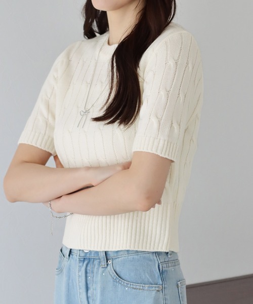 BLUEEAST ニット セーター 半袖ケーブルニット レディース