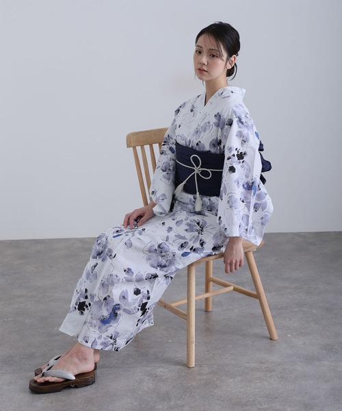 yulie 浴衣 大人浴衣2点セット洗える 兵児帯 女性 黒 選べる モダン