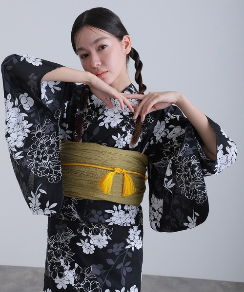 大人兵児帯【ブラックリリー】【ローズ】　セット yulie 浴衣 大人浴衣2点セット洗える 兵児帯 女性 黒 選べる モダン