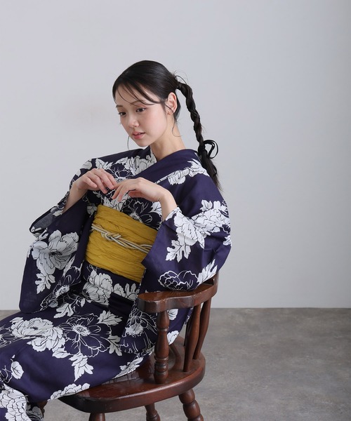 yulie 浴衣 大人浴衣2点セット洗える 兵児帯 女性 黒 選べる モダン