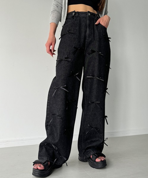 JUNOAH（ジュノア） ジーンズ デニム デニムパンツ リボンルーズデニム