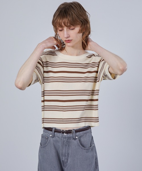 tシャツ 「ELOOPS」ショート丈ランダムボーダーニットTシャツ・サマーニット レディース メンズ