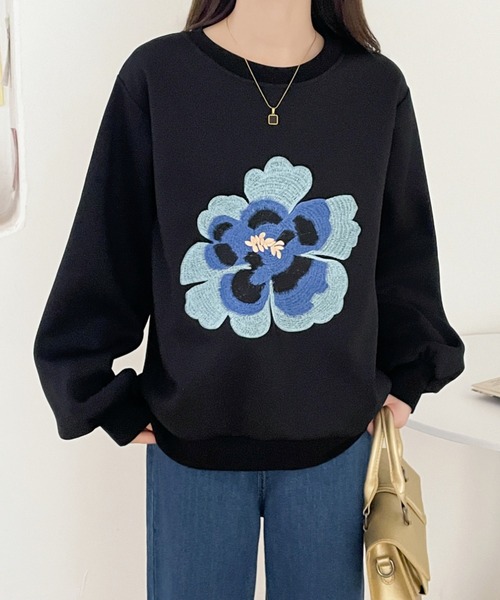 ECLIN トレーナー スウェット 花柄刺繍裏起毛スウェットプル