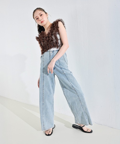 en CAnAF ワイドパンツ ジーンズ デニム デニムパンツ 「Iラインで美