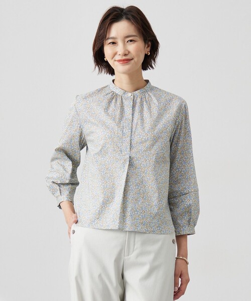 ブラウス シャツ 「洗える」Liberty バンドカラー プルオーバー ブラウス レディース