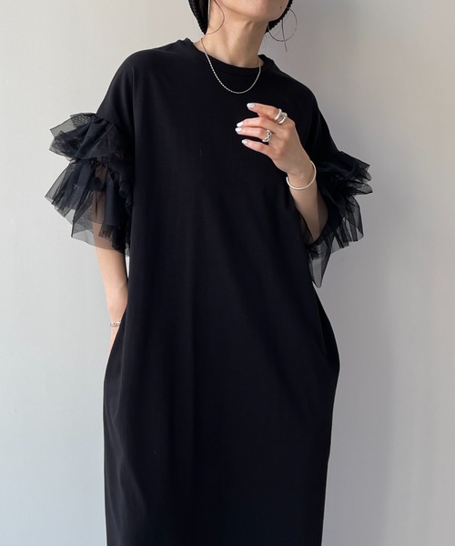 【極美品】ルネ　ひざ丈ワンピース　ベロア　リボン　異素材ドッキング　フリル　黒 楽天市場】ワンピース レディース ブラック 春 夏 秋 半袖 薄手