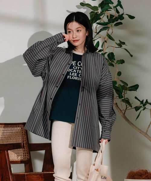 ブラウス シャツ バックニットテープシャツチュニック レディース FREAK'S STORE ブラウス シャツ バックテープリボンストライプ