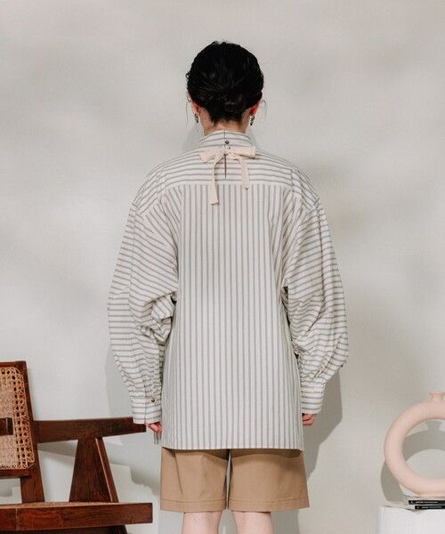 FREAK'S STORE ブラウス シャツ バックテープリボンストライプ