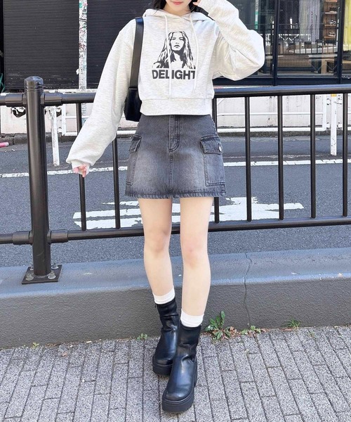 【MUCENT♥] ロングカーゴリアバンディングデニムスカート ミニ/ロング💙選べる丈オプション]Hライン後ろスリットロング