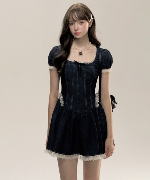 新品新作 alice+olivia ウォッシュドデニム×スクエアネックワンピース SunsetPark ワンピース ハイライン スクエアネック デニム