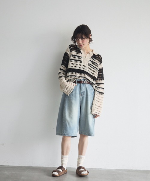 boohoo PLUSオーバー クロシェ編ポロシャツ&パンツ★関税/送料込 full/fill. ポロシャツ ポロ クロシェレースポロトップス