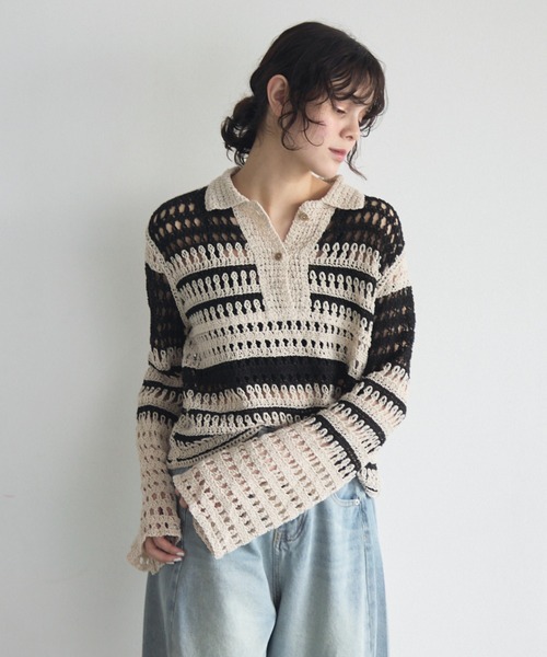 レディース レースニットポロシャツ full/fill. ポロシャツ ポロ クロシェレースポロトップス