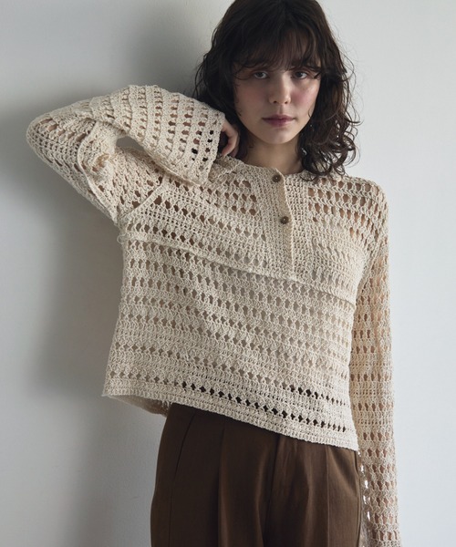 ブラウス シャツ クロシェ編みポロ衿シャツ レディース full/fill. ポロシャツ ポロ クロシェレースポロトップス