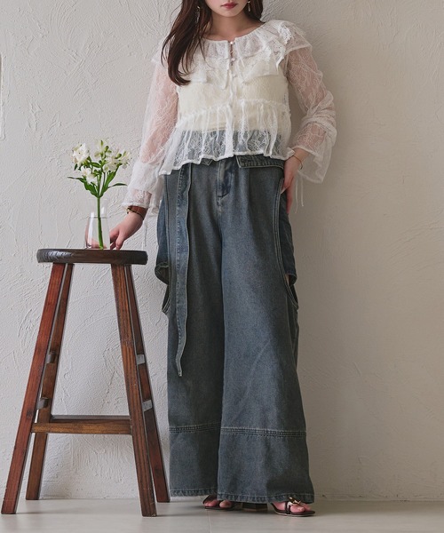 ブラウス シャツ Sheer Crinkled Top レディース Green Parks ブラウス シャツ チェックシアーフリルブラウス