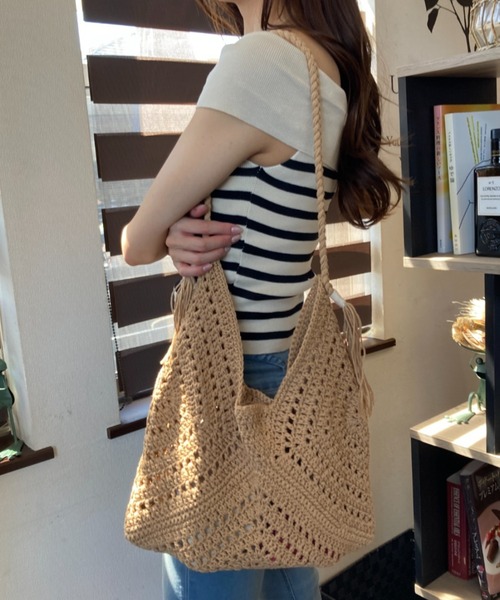トートバッグ メッシュ編み かぎ編み タッセル付き ワンショルダー
