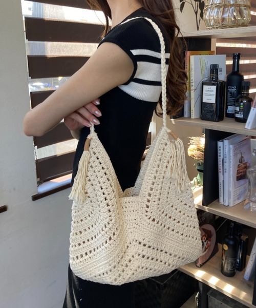トートバッグ メッシュ編み かぎ編み タッセル付き ワンショルダー