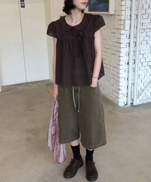 ブラウス シャツ 丸襟ギンガムチェックブラウス レディース : ZOZOTOWN