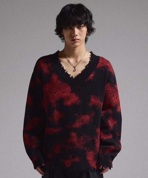 GRANCY セーター ニット 「GRANCY」Spray Damaged V-neck Wool Knit