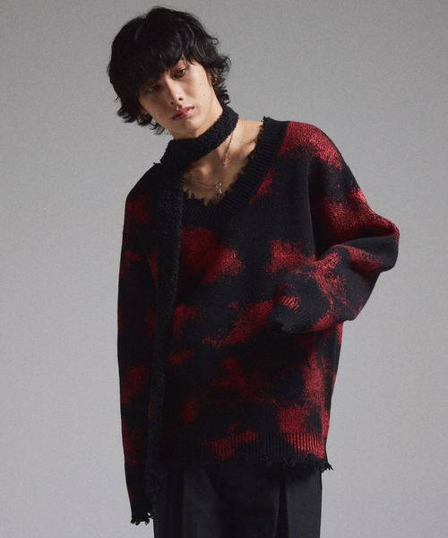 GRANCY セーター ニット 「GRANCY」Spray Damaged V-neck Wool Knit