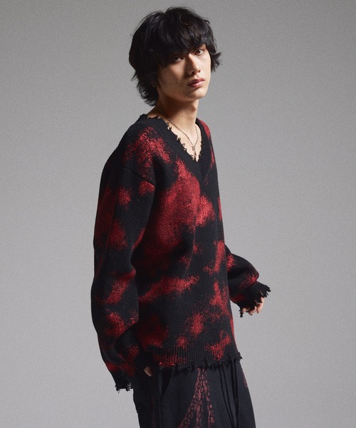 GRANCY セーター ニット 「GRANCY」Spray Damaged V-neck Wool Knit