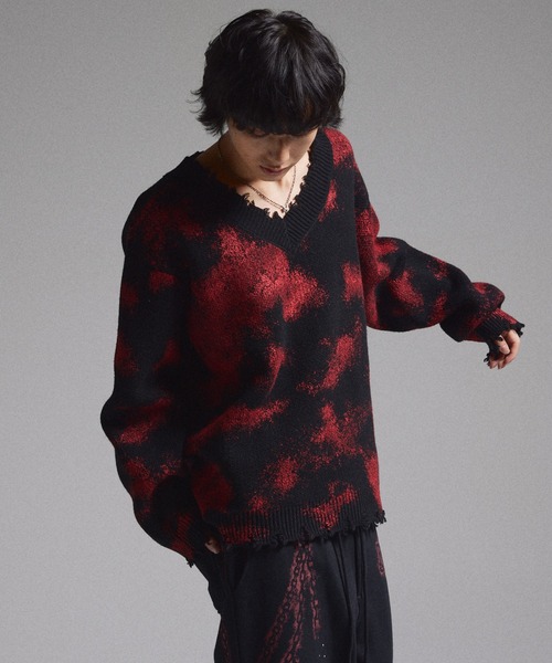 武*田様 【GRANCY】ピアスダメージニット レッド s GRANCY セーター ニット 「GRANCY」Spray Damaged V-neck Wool Knit