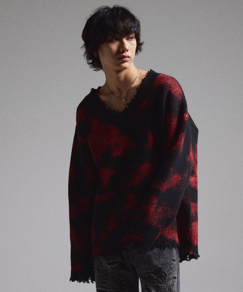 GRANCY セーター ニット 「GRANCY」Spray Damaged V-neck Wool Knit