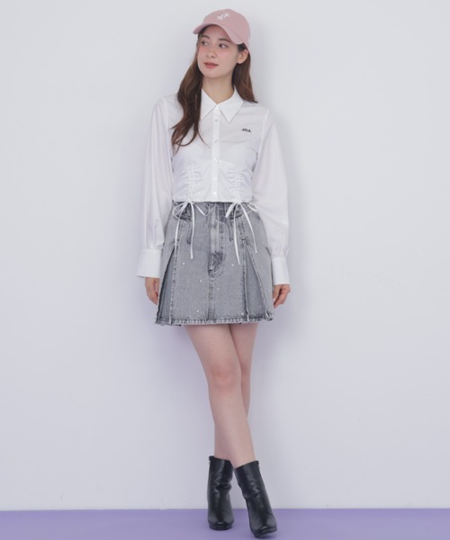 ジルスチュアート ストライプ柄 ブラウス FR グレー JILLSTUART プリーツフリルブラウス | JILL by JILL STUART（ジル バイ ジル