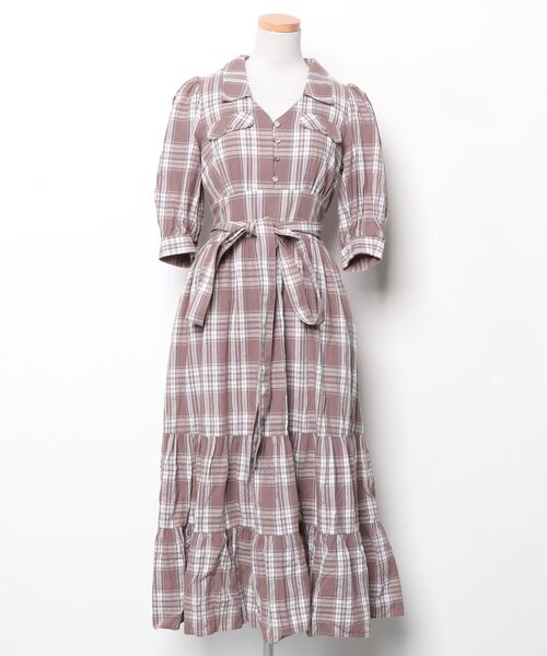 Her lip to」 チェック柄7分袖ワンピース M ブラウン レディース