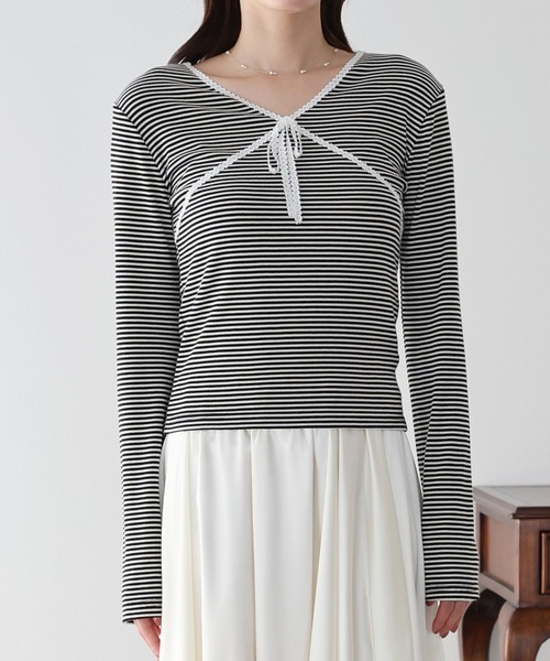 14SS レースボーダーカットソー 日本製］レースデザインボーダーカットソー | GIANNI LO GIUDICE(Women
