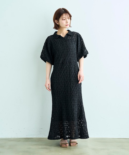 millefleurs 脇編み上げ別珍ワンピース ブラック mil（ミル） ワンピース 夏 半袖 総レース ポロ衿 マーメイド
