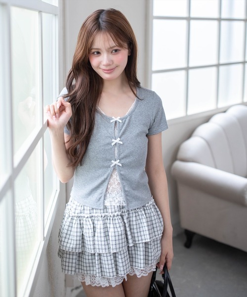 clear tシャツ 半袖 フロントリボンレースレイヤード風カットソー